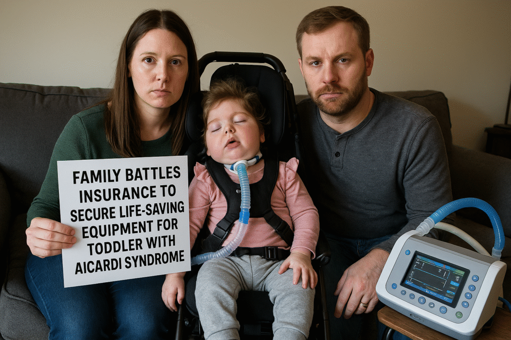 Toddler receiving Aicardi syndrome treatment with medical equipment