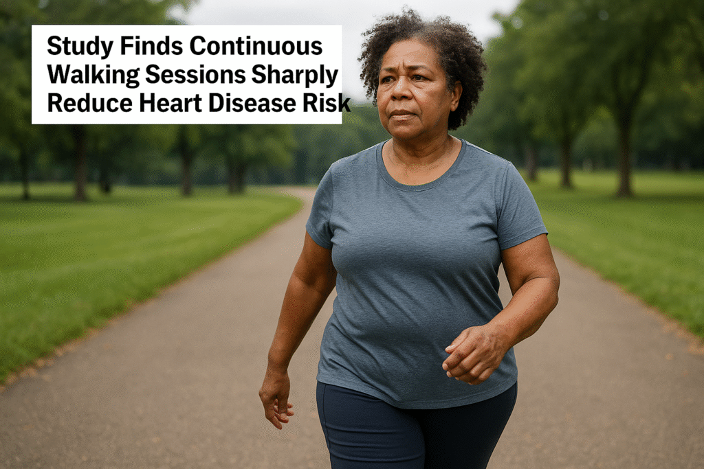 A person walking briskly on a park path during sunrise, representing the health benefits of continuous walking sessions.