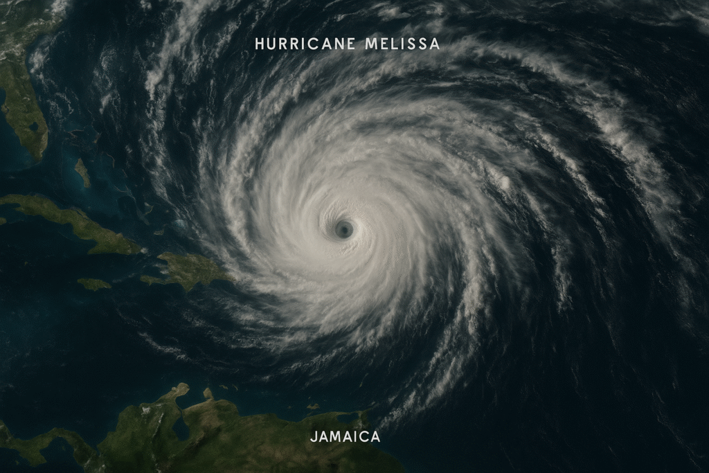 Satellite image showing Hurricane Melissa approaching Jamaica with intense cloud bands and a clear storm eye