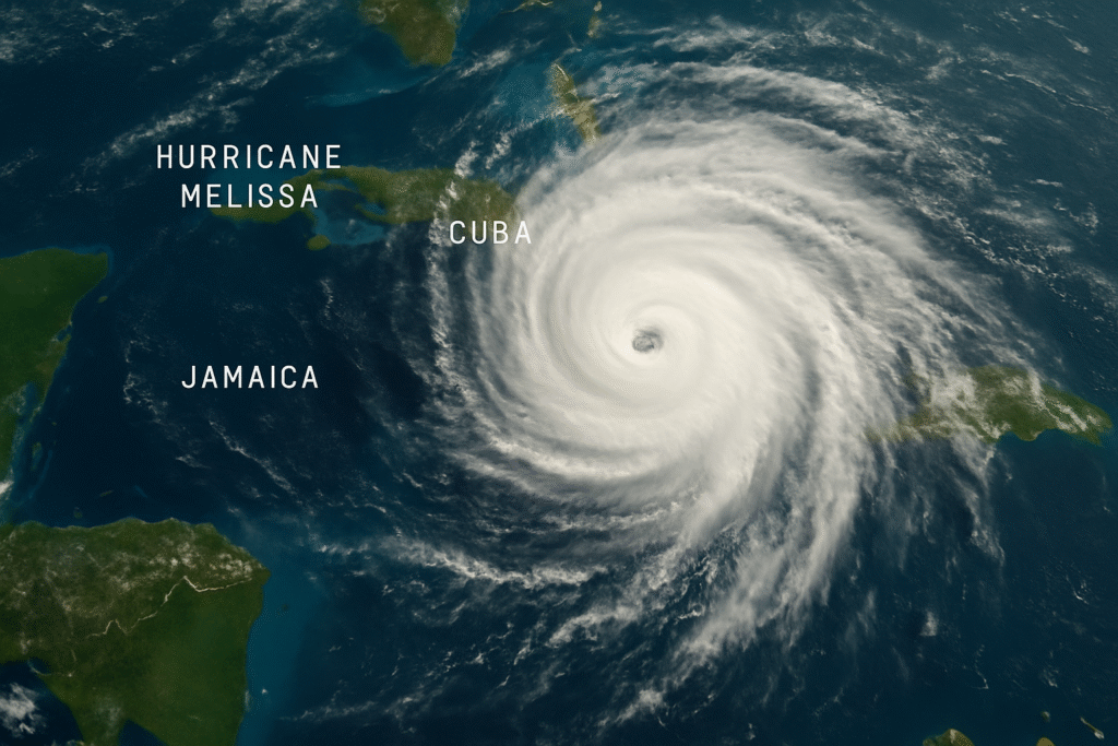 Satellite image showing Hurricane Melissa swirling toward eastern Cuba after devastating Jamaica.