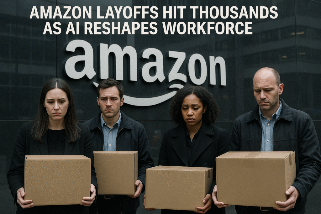 Amazon headquarters in Seattle with employees leaving after layoffs announcement.