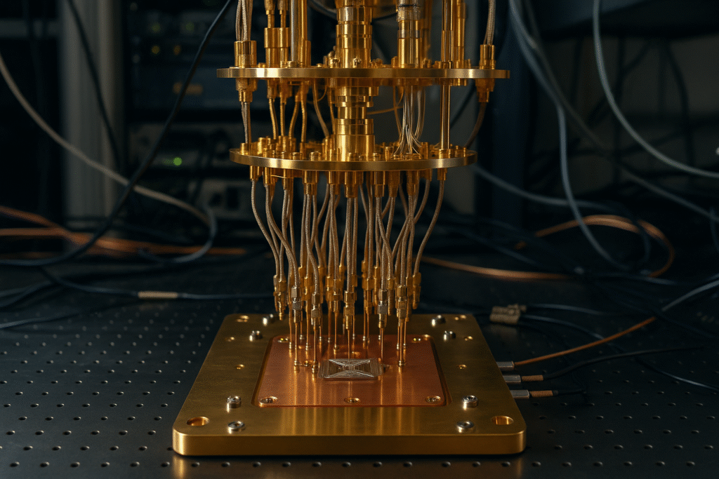 Superconducting quantum chip setup at a laboratory, symbolizing the use of quantum sensor networks to detect dark matter.