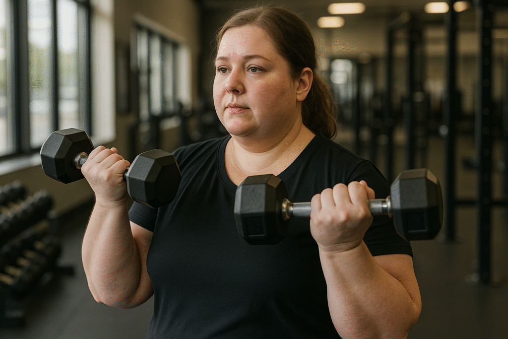 Person lifting dumbbells in a gym, representing safe strength training for GLP-1 users