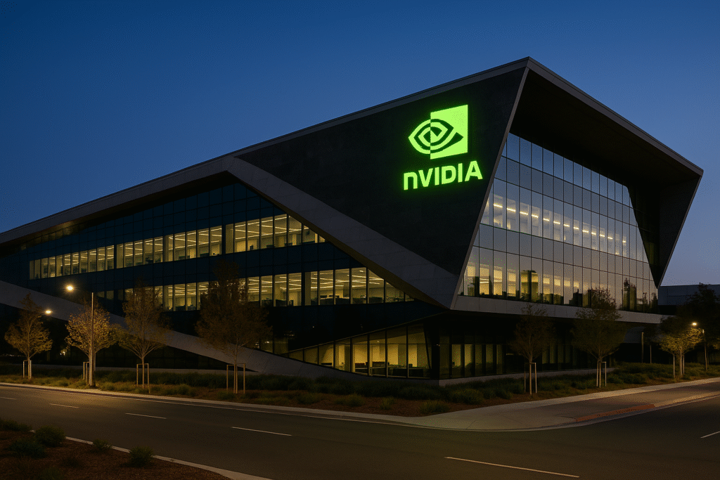 Nvidia headquarters in Santa Clara, California, with company logo illuminated after $5 trillion milestone announcement.
