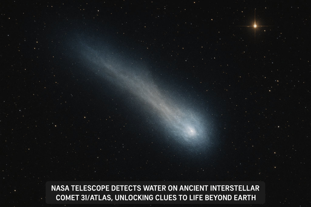 NASA’s Swift Observatory captures ultraviolet image of interstellar comet 3I/ATLAS showing faint hydroxyl glow indicating water vapor escape.