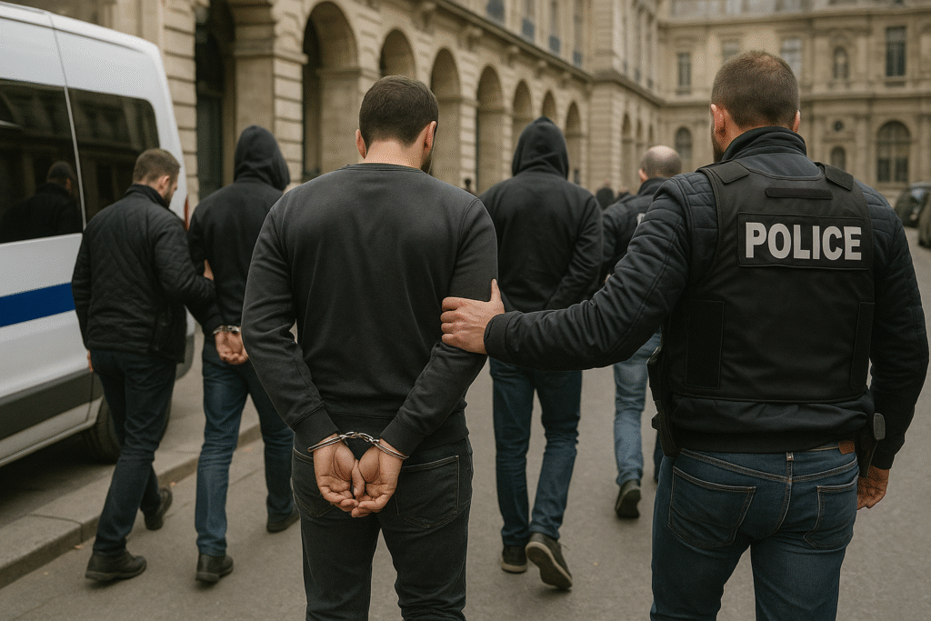 French police vehicles outside the Louvre Museum in Paris after the $102 million jewel heist on October 19, 2025.