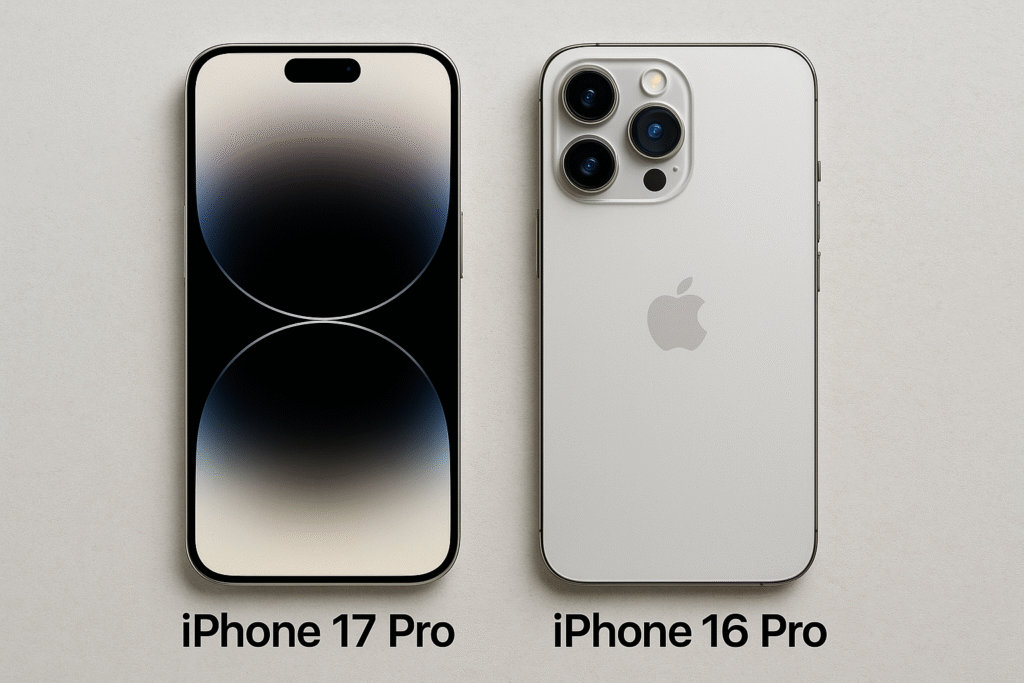 Side-by-side comparison of iPhone 17 and iPhone 16 highlighting design, camera, and display differences.