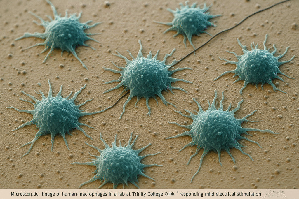 Microscopic image of human macrophages in a lab at Trinity College Dublin responding to mild electrical stimulation that reduces inflammation and promotes healing.