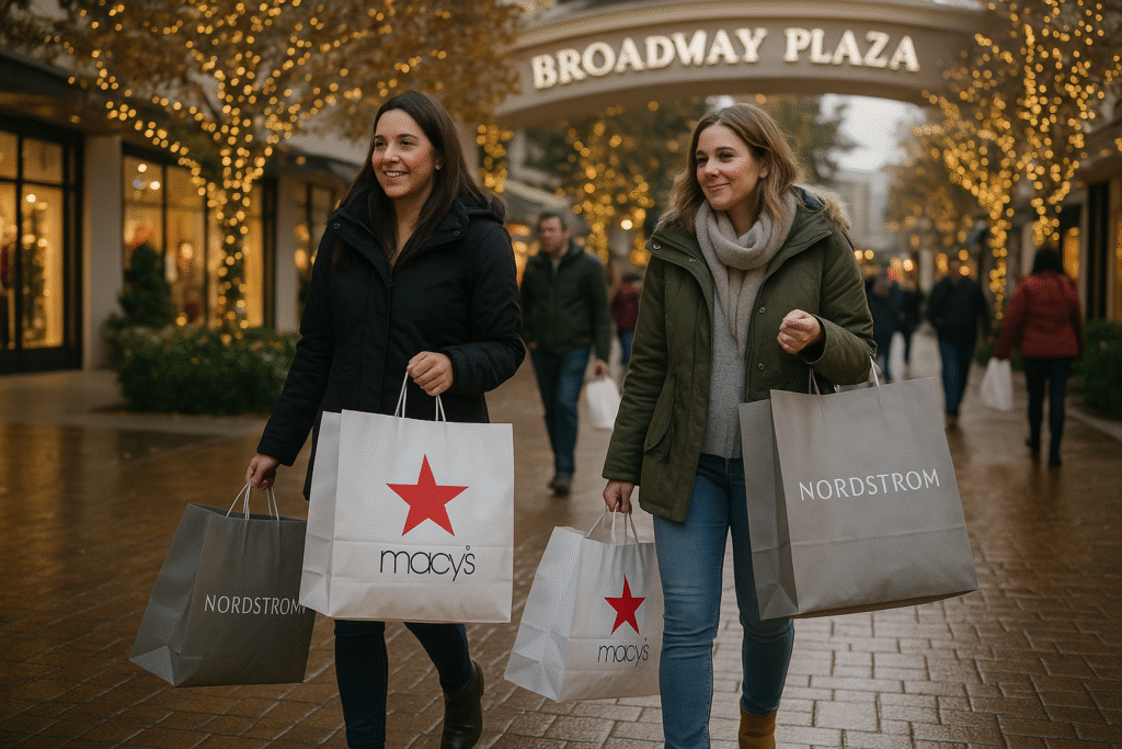 Shoppers carrying Macy’s and Nordstrom bags at Broadway Plaza in Walnut Creek, California, during the holiday shopping season.