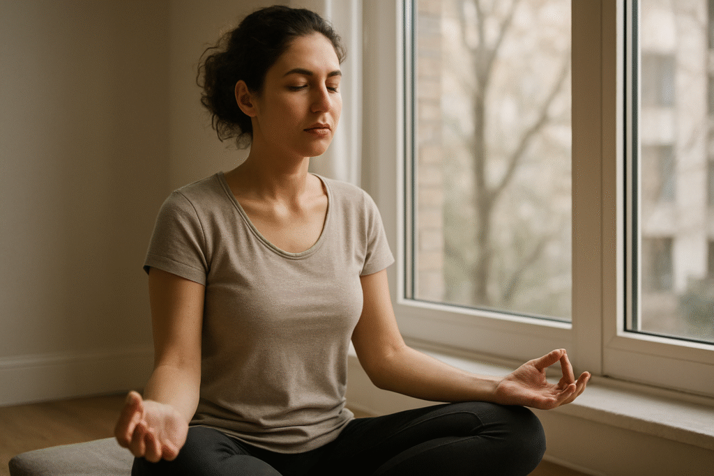 woman meditating by a window to reduce stress and anxiety.
