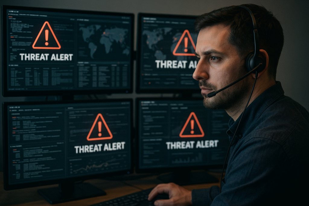 A cybersecurity analyst monitoring multiple computer screens displaying threat alerts.