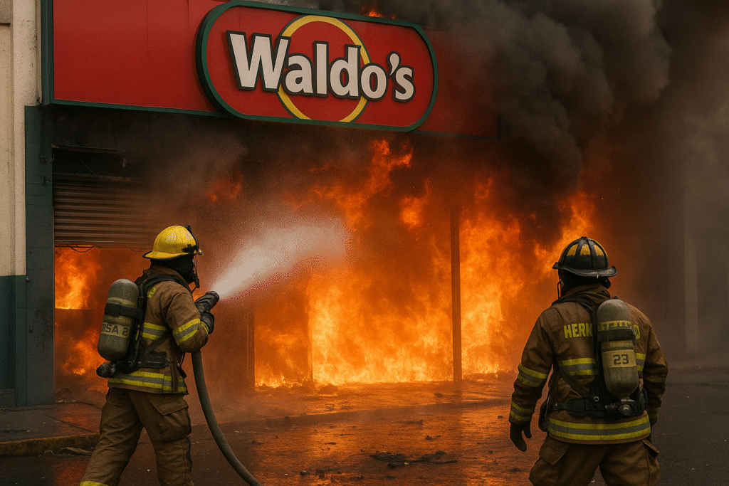 Firefighters battle flames outside a Waldo’s store in Hermosillo, Mexico