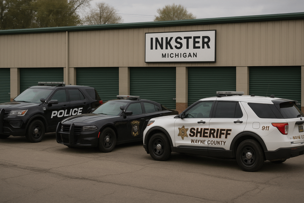 Law enforcement vehicles stationed near a storage facility in Inkster, Michigan