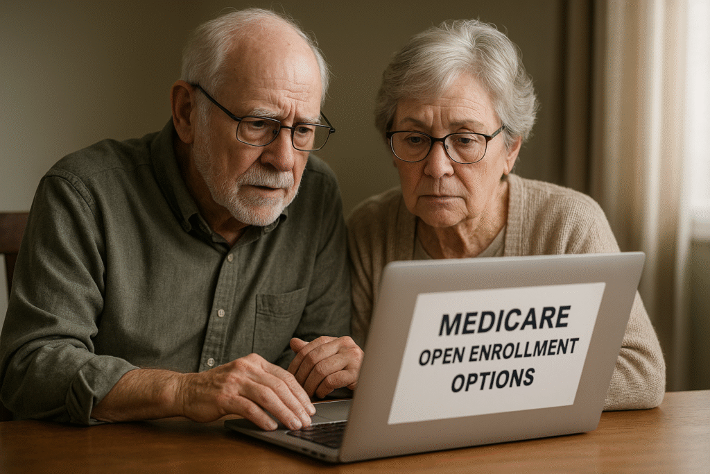 Elderly couple reviewing Medicare open enrollment options on a laptop.
