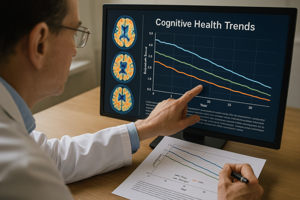 Researcher analyzing brain scan data representing cognitive health trends.