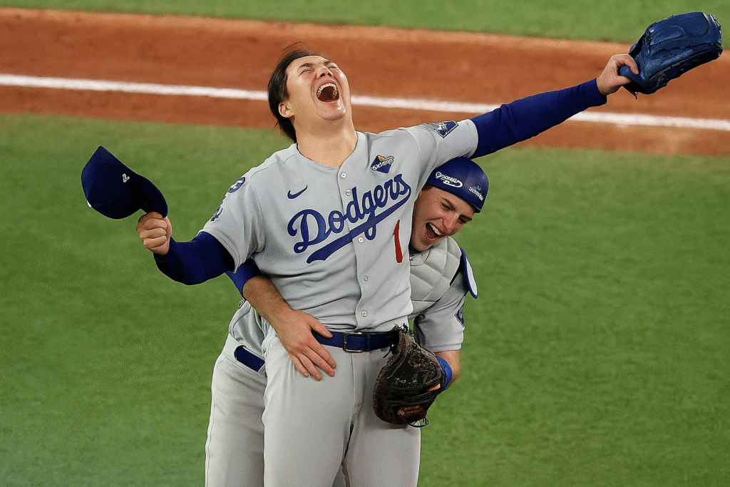 oshinobu Yamamoto celebrates with teammates after the Dodgers’ Game 7 victory.