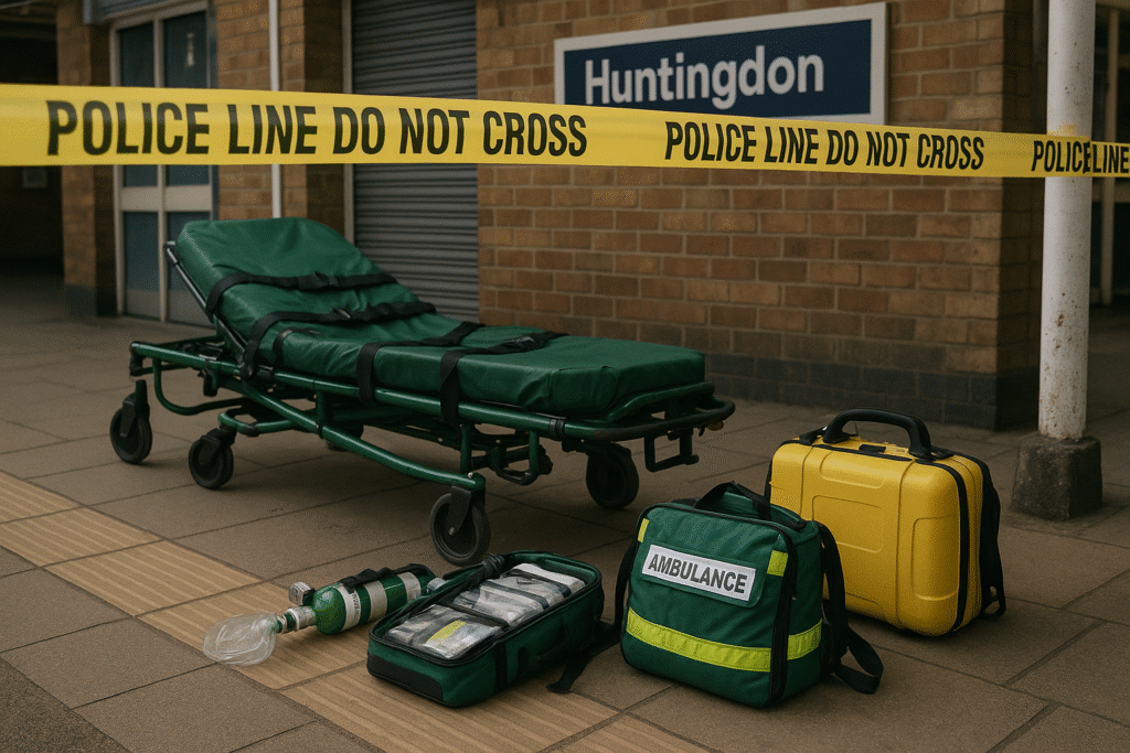 Paramedics’ equipment inside a police cordon at Huntingdon Station after the UK train stabbings.