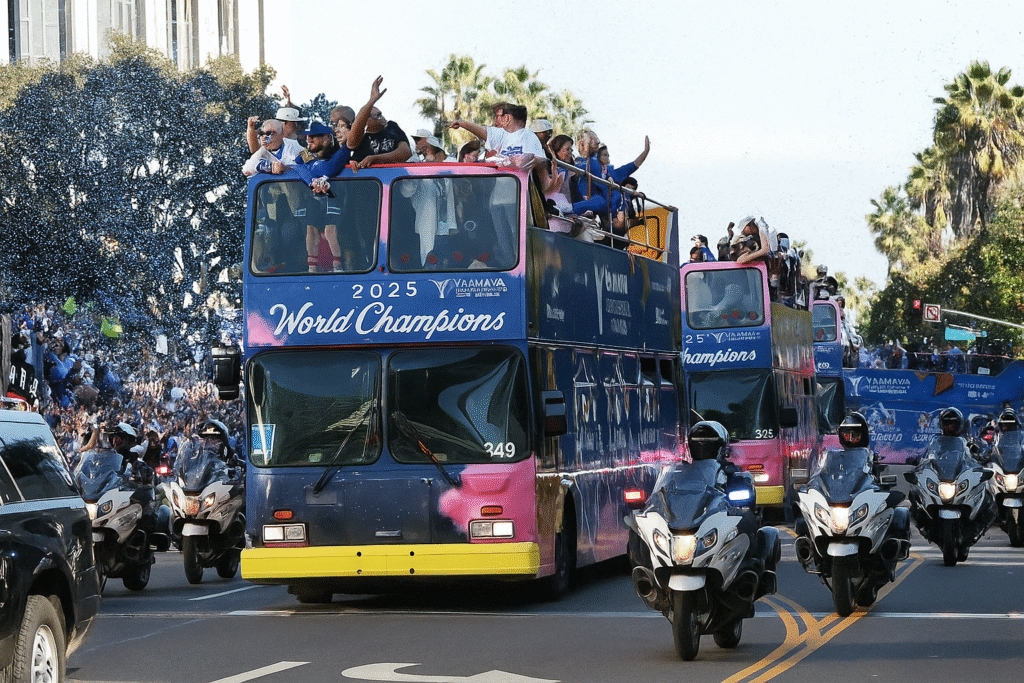dodgers celebrating on streets of la