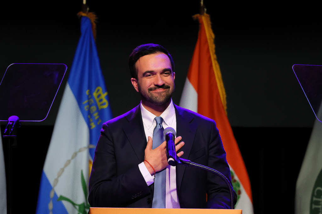 Zohran Mamdani speaking at his Brooklyn victory rally, surrounded by supporters.