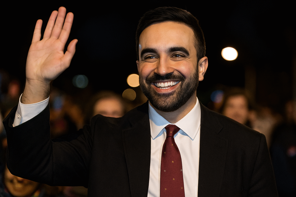 Zohran Mamdani waves to supporters at his election night rally in Brooklyn, NYC.