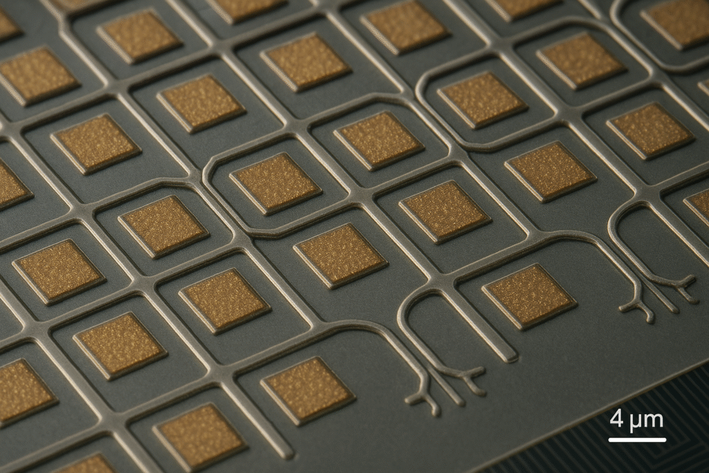 Chip array of artificial neurons with 4 μm² active regions, built in USC cleanroom.