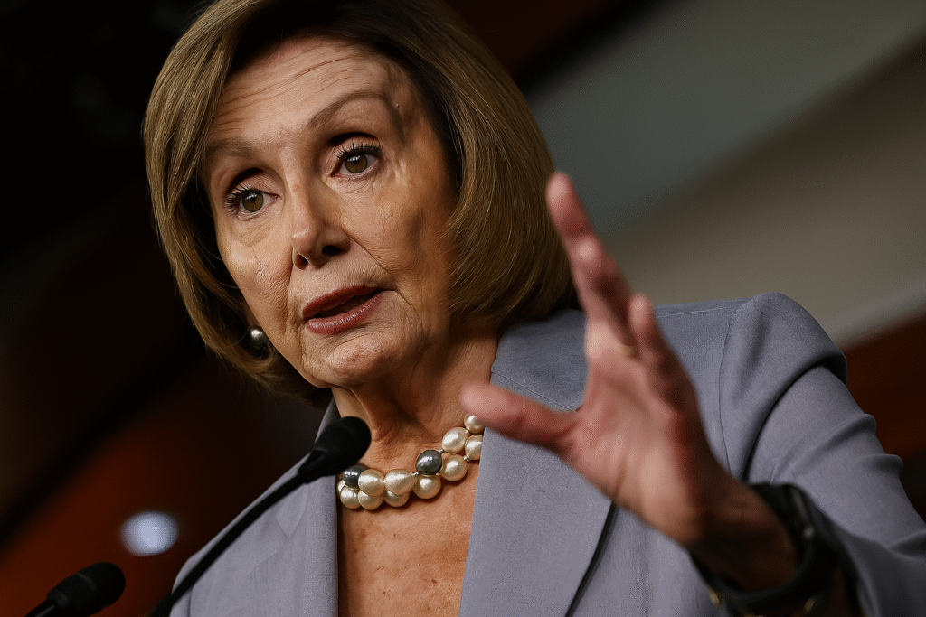 nancy Pelosi speaking at the U.S. Capitol, addressing reporters at a press conference.