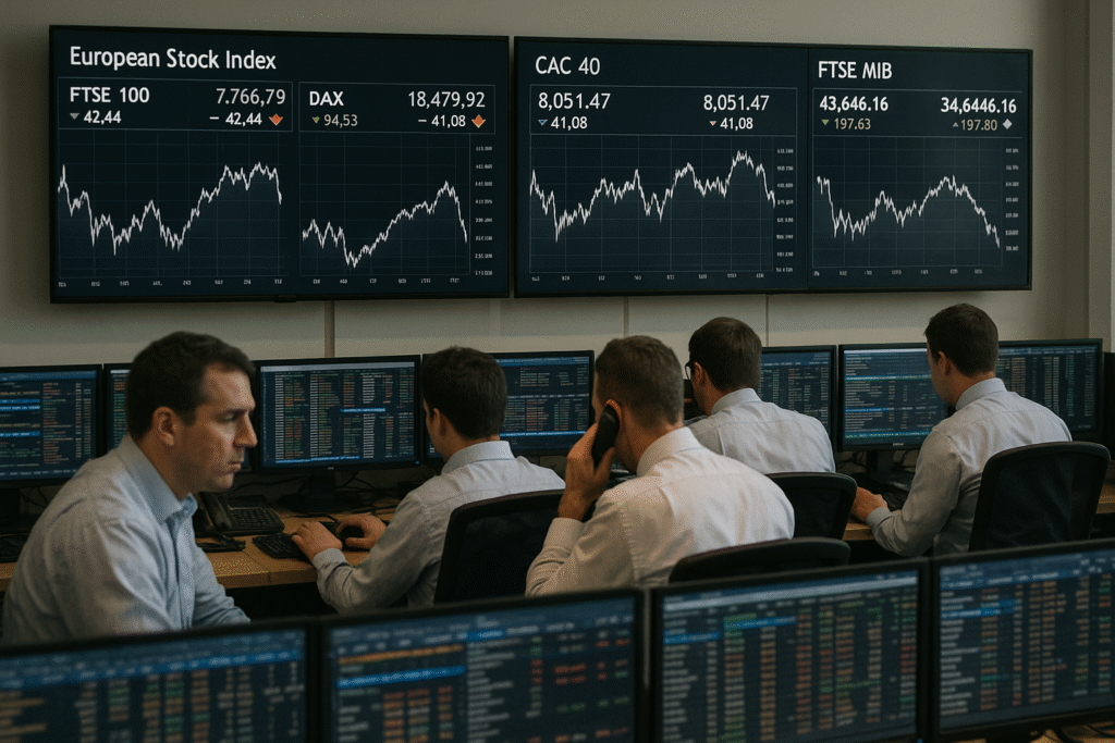 Traders monitor European stock index charts inside a market brokerage room.