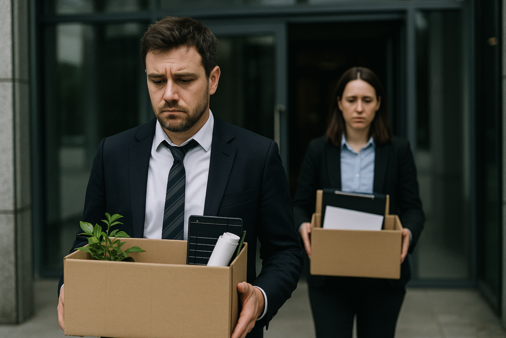 Employees walking out of an office building carrying boxes after layoffs.