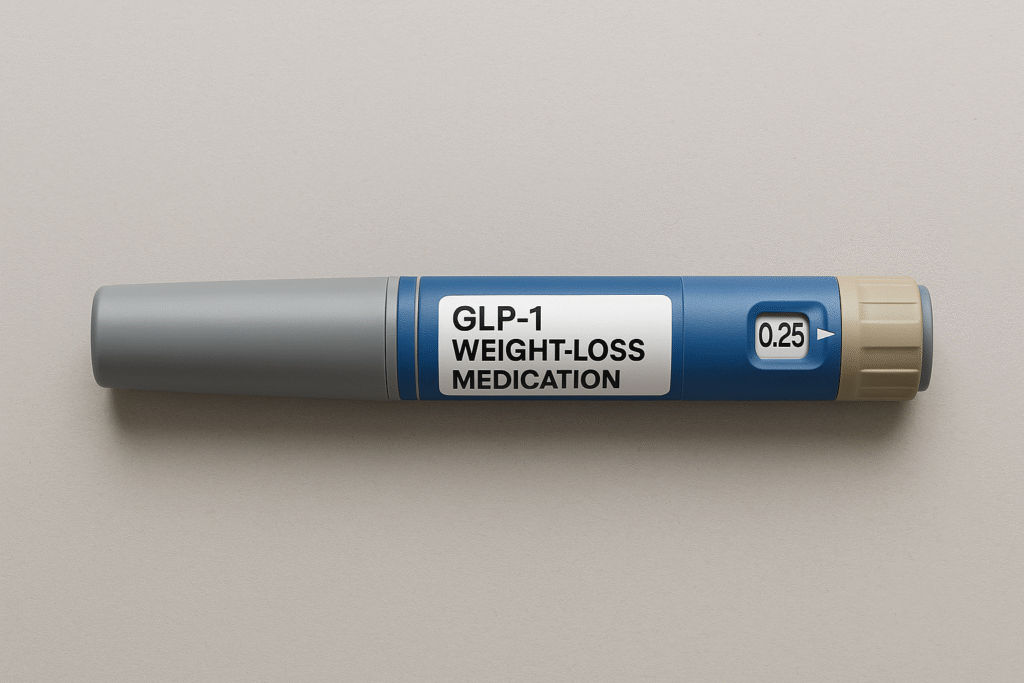 Injection pen used for GLP-1 weight-loss medication.