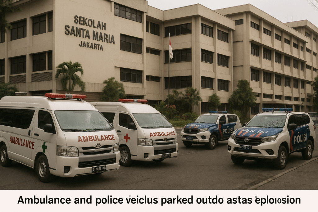 Ambulances and police vehicles parked outside a school complex in Jakarta after the explosion.