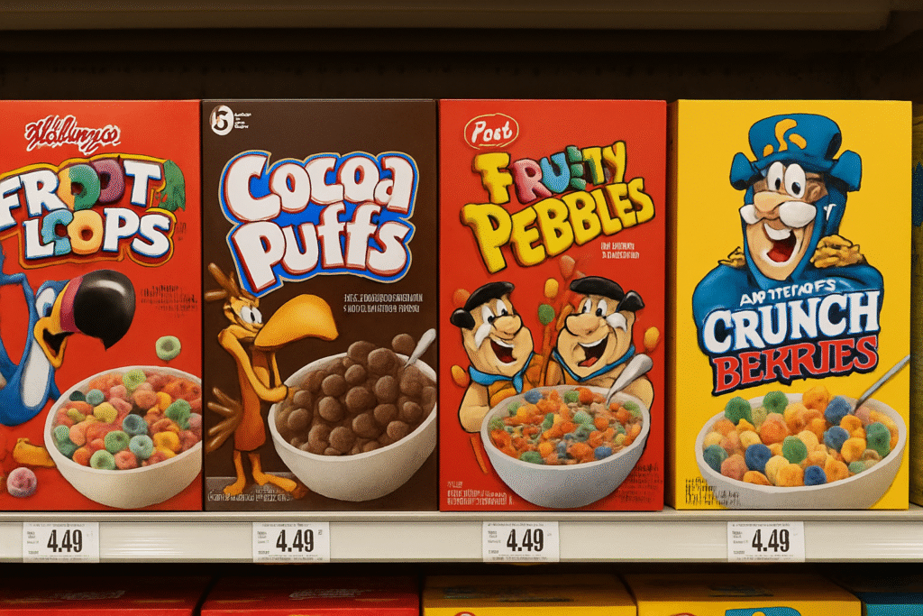 Colorful children’s cereals arranged on a grocery store shelf.