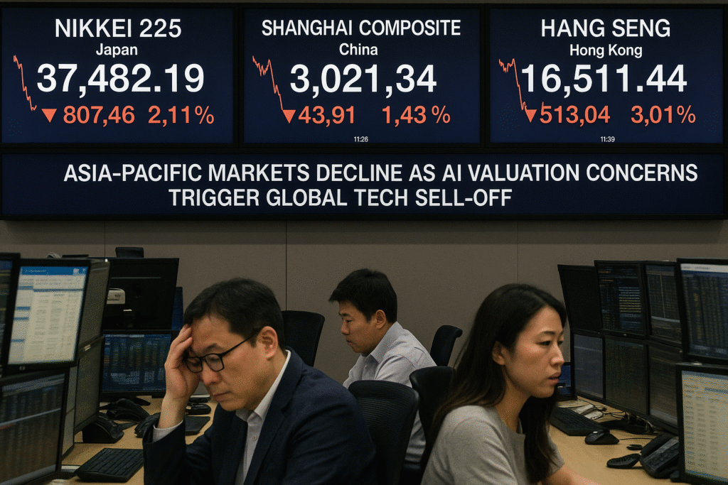 Traders working on the Tokyo Stock Exchange during a market downturn.