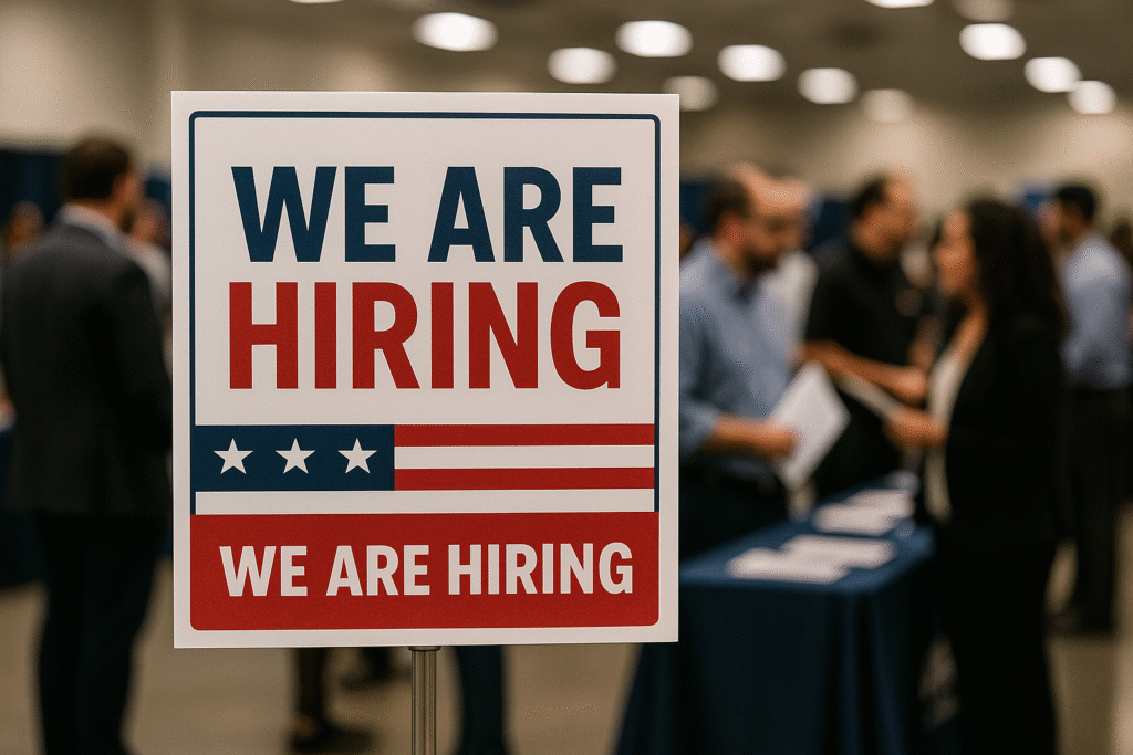 U.S. “We Are Hiring” sign at job fair, representing labor market conditions.