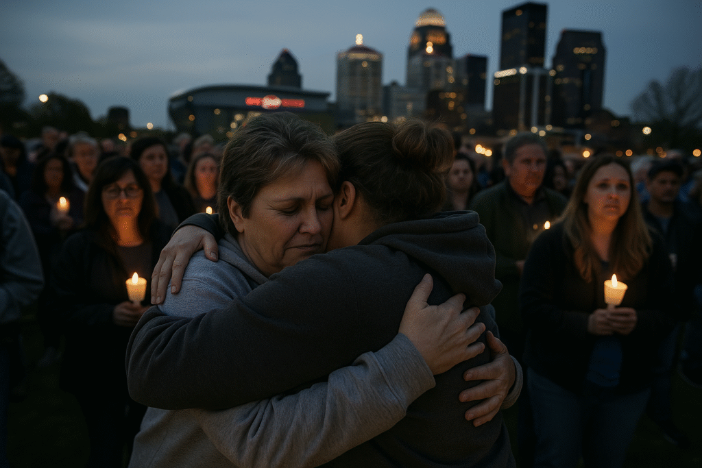 Community members embracing during a vigil for victims at Louisvilleās Great Lawn.