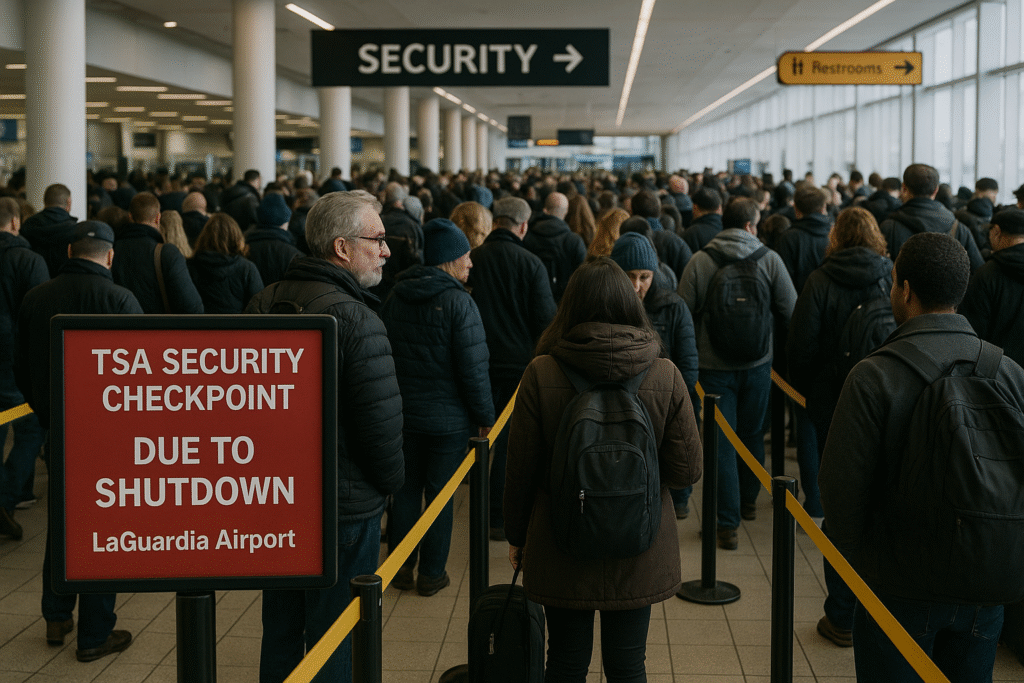 TSA security lines at LaGuardia Airport during shutdown.
