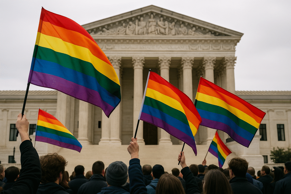 People wave rainbow flags outside the U.S. Supreme Court after justices declined to hear Kim Davis’s appeal, Washington, D.C.,