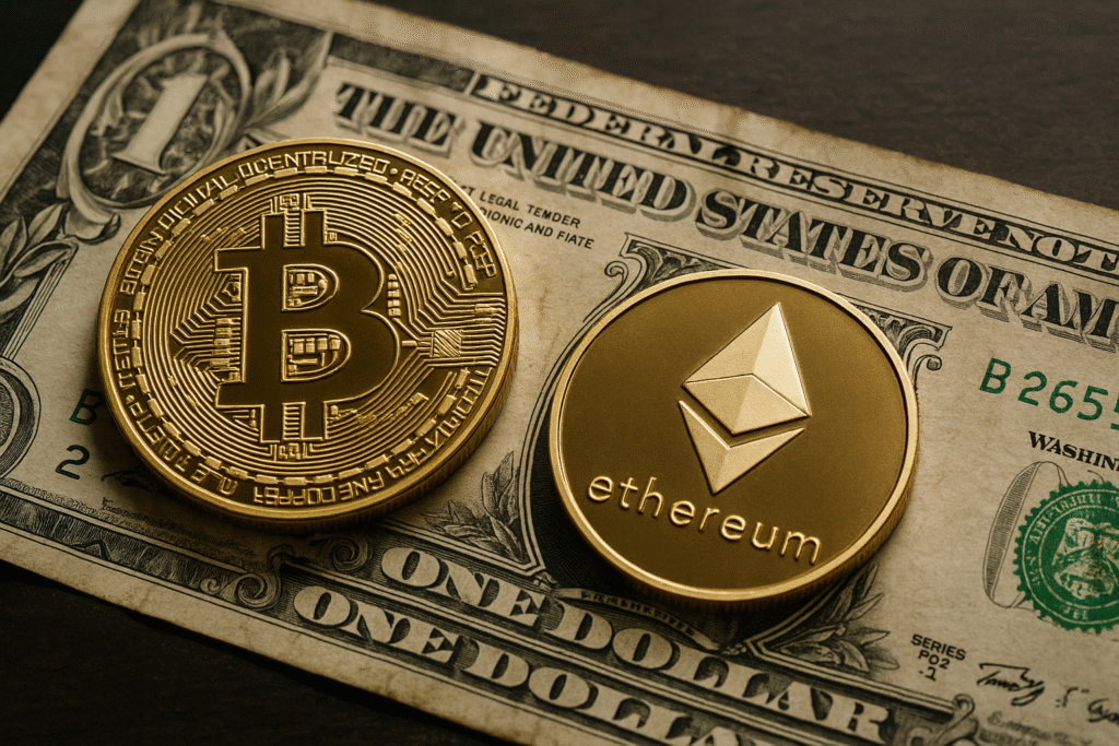 Bitcoin and Ethereum tokens placed beside a U.S. dollar bill, illustrating market ties
