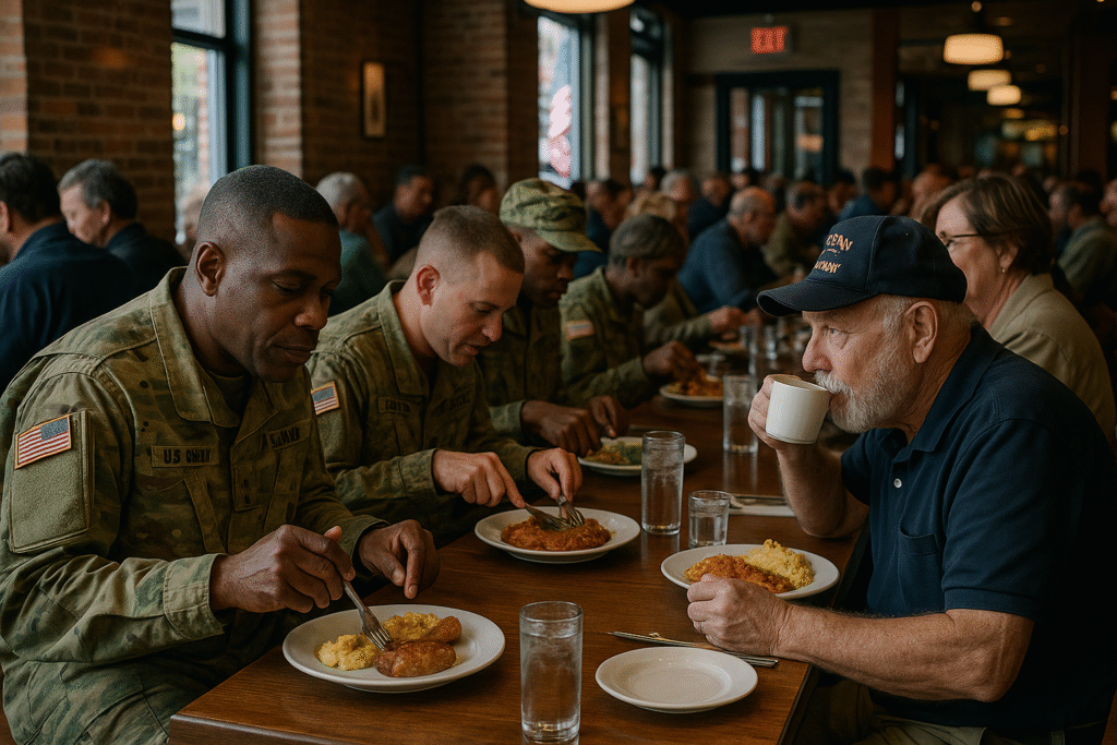 Veterans and active-duty soldiers enjoy free meals during Veterans Day 2025 at a restaurant in Washington, D.C.