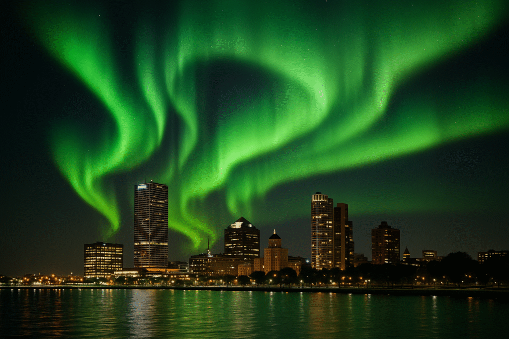 Northern lights glowing over Milwaukee’s night sky during a previous solar storm event.