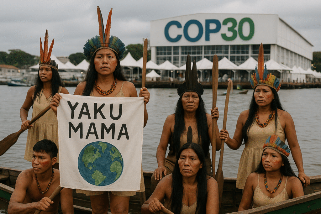 Members of the Yaku Mama flotilla arrive at COP30 after a 3,000km journey down the Amazon River