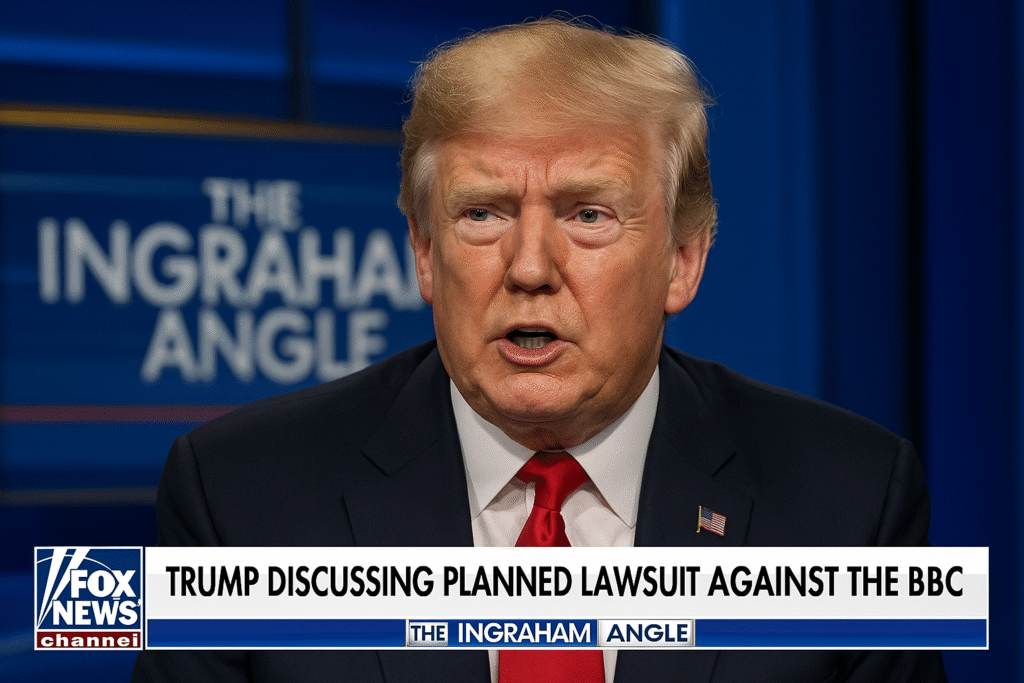 President Donald Trump speaks during an interview on Fox News’s “The Ingraham Angle,” discussing his planned lawsuit against the BBC, Nov. 11, 2025