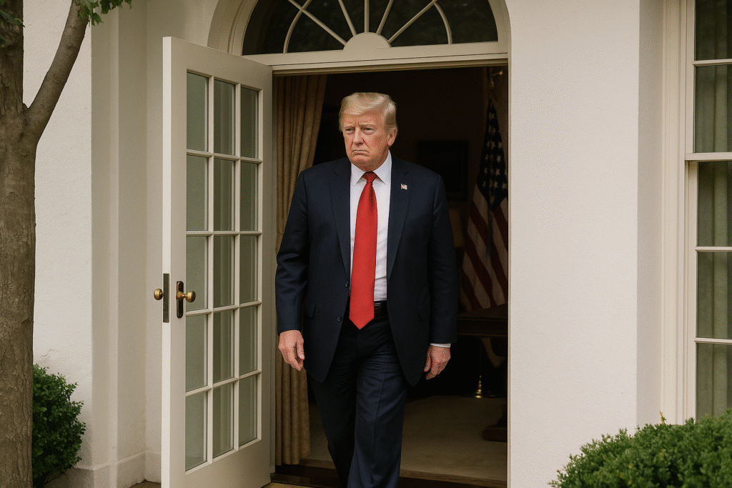 President Donald Trump exits the Oval Office hours after reports of the Epstein emails surfaced.