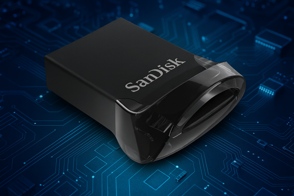 SanDisk Extreme Fit USB-C Flash Drive showcasing its compact plug-and-stay design.