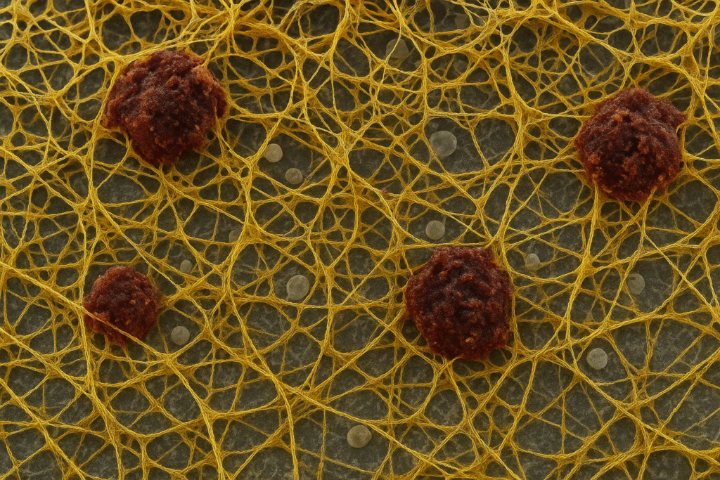 Microscope image showing microclots and immune cell material trapped inside a protein network in Long COVID blood sample.