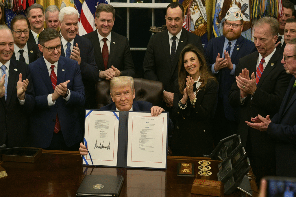 President Donald Trump signs the federal spending bill ending the 43-day government shutdown