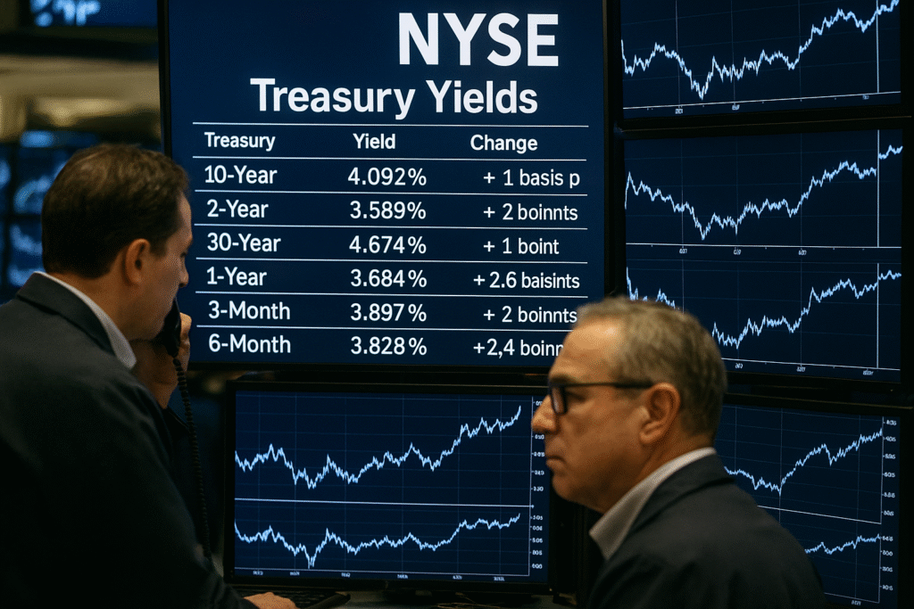 Traders monitoring Treasury yield charts on electronic screens at the NYSE.