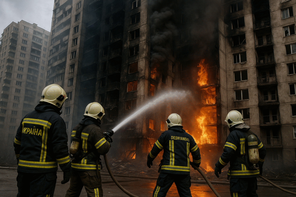 Ukrainian firefighters battle flames at a high-rise apartment complex in Desnyanskyi district.