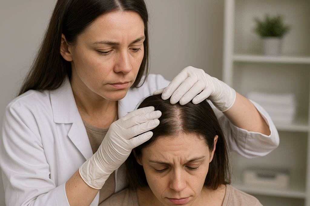 Dermatologist examining patient’s scalp for telogen effluvium, a condition linked to rapid weight loss.