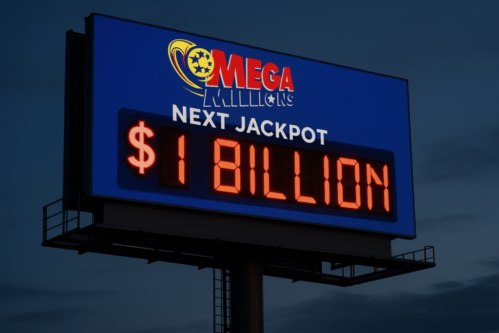 Digital billboard displaying the next Mega Millions jackpot amount of $1 billion.