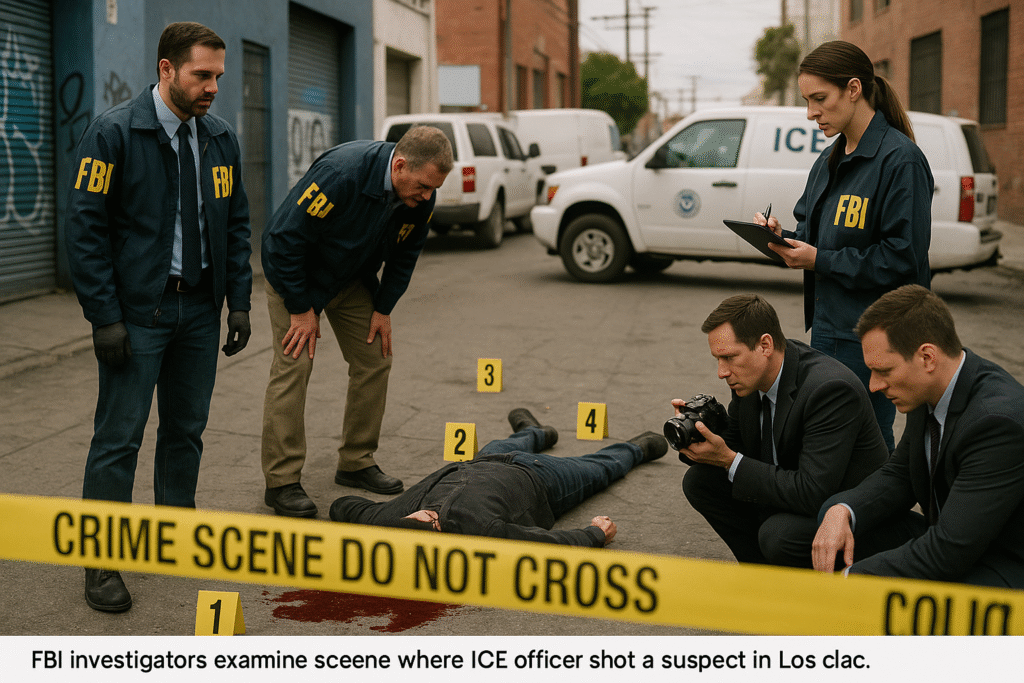 FBI investigators examine scene where ICE officer shot a suspect in Los Angeles.